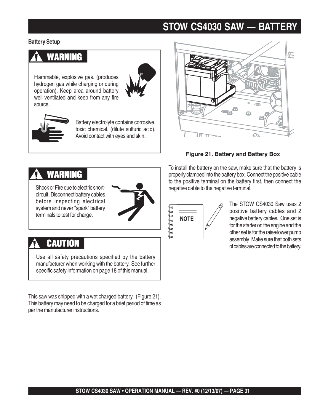 Stow cs403030, cs403026, cs 403016, cs403020 operation manual Stow CS4030 SAW Battery, Battery Setup 