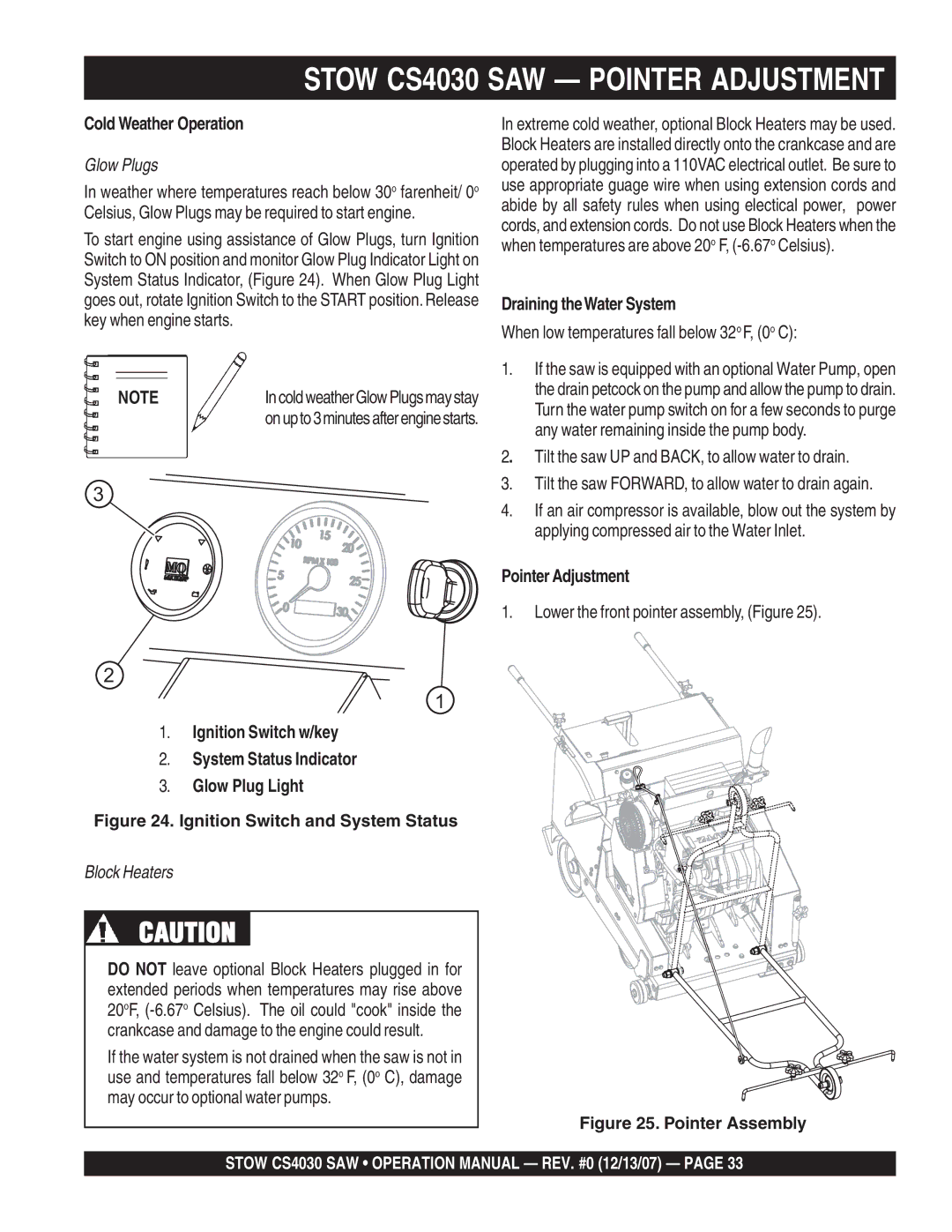 Stow cs 403016, cs403026, cs403020 Stow CS4030 SAW Pointer Adjustment, Cold Weather Operation, Draining theWater System 