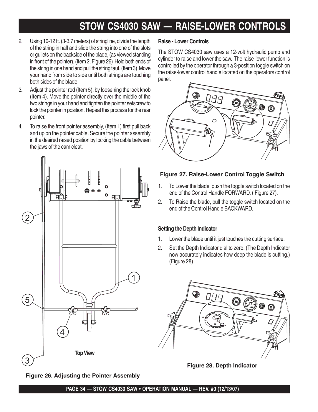 Stow cs403020, cs403026 Stow CS4030 SAW RAISE-LOWER Controls, Raise Lower Controls, Setting the Depth Indicator, Top View 