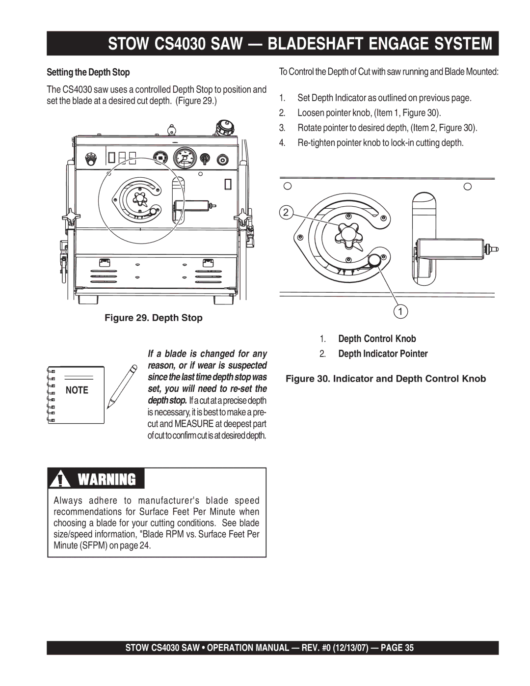 Stow cs403030 Stow CS4030 SAW Bladeshaft Engage System, Setting the Depth Stop, Depth Control Knob Depth Indicator Pointer 