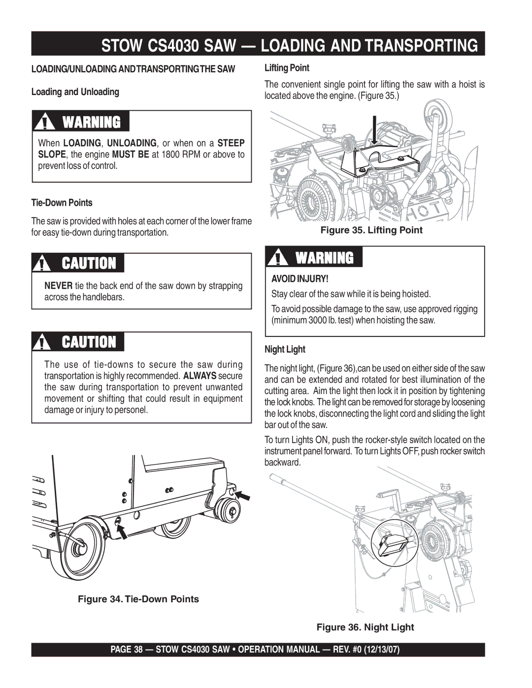 Stow cs403020, cs403026, cs 403016, cs403030 operation manual Stow CS4030 SAW Loading and Transporting, Avoid Injury 