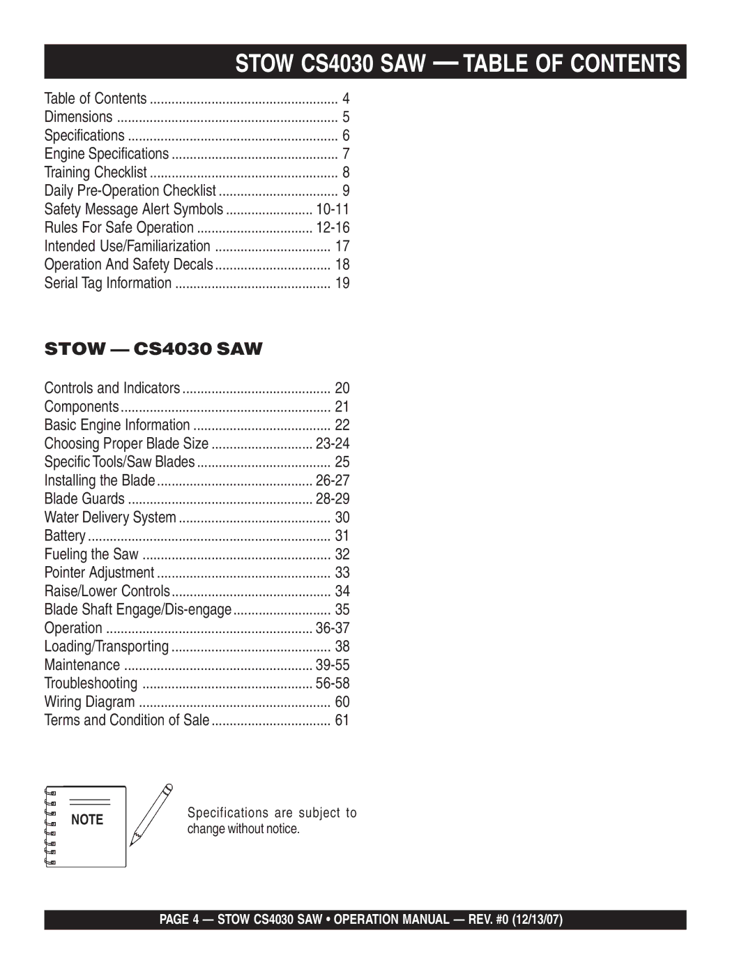 Stow cs403026, cs 403016, cs403020, cs403030 operation manual Stow CS4030 SAW Table of Contents 