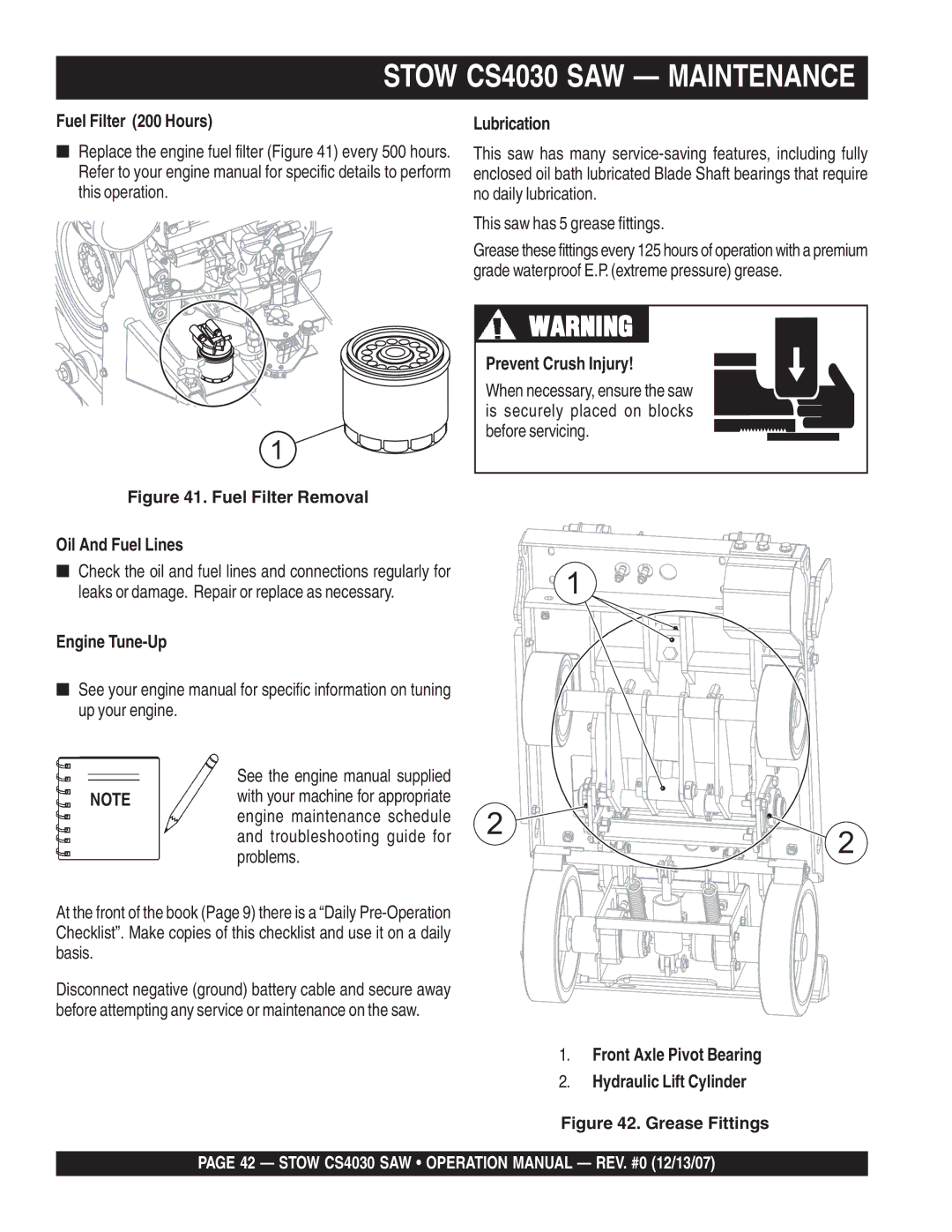 Stow cs403020, cs403026, cs 403016, cs403030 Fuel Filter 200 Hours, Lubrication, Prevent Crush Injury, Engine Tune-Up 