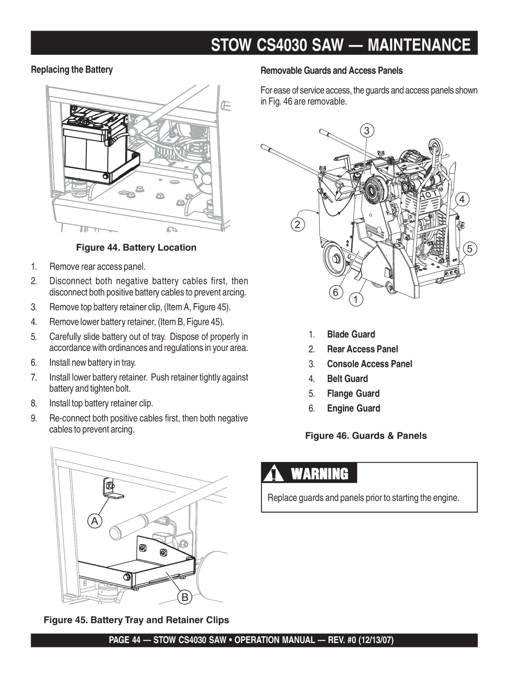 Stow cs403026, cs 403016, cs403020, cs403030 Stow CS4030 SAW Maintenance, Replacing the Battery, Remove rear access panel 