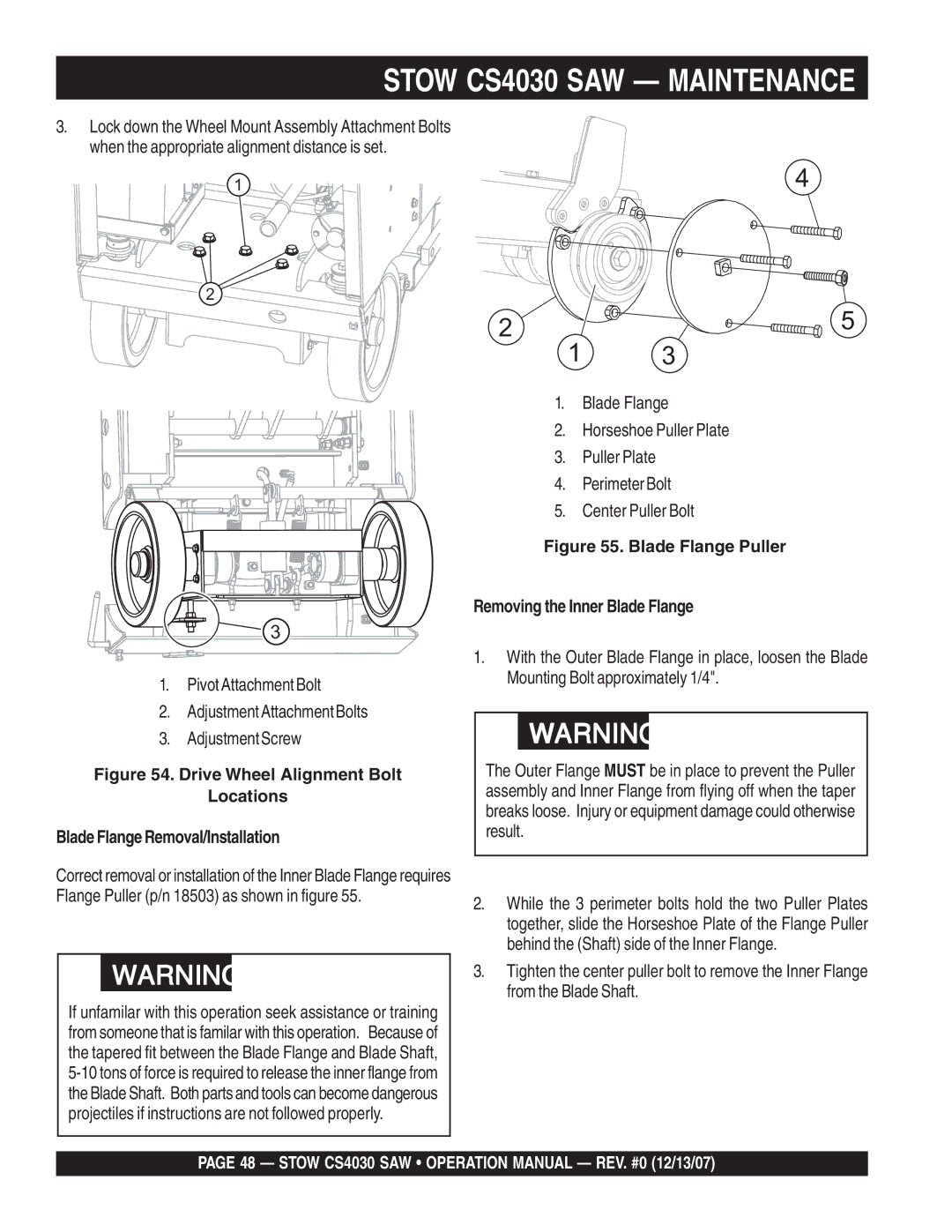 Stow cs403026, cs 403016, cs403020, cs403030 operation manual Blade Flange Puller Removing the Inner Blade Flange 