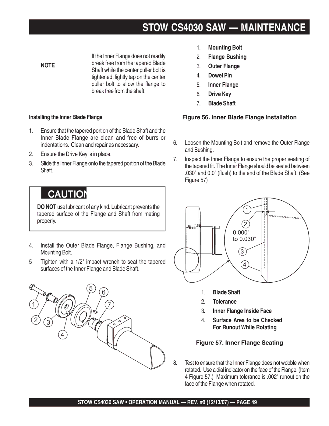 Stow cs 403016, cs403026, cs403020 If the Inner Flange does not readily, Blade Shaft Tolerance Inner Flange Inside Face 