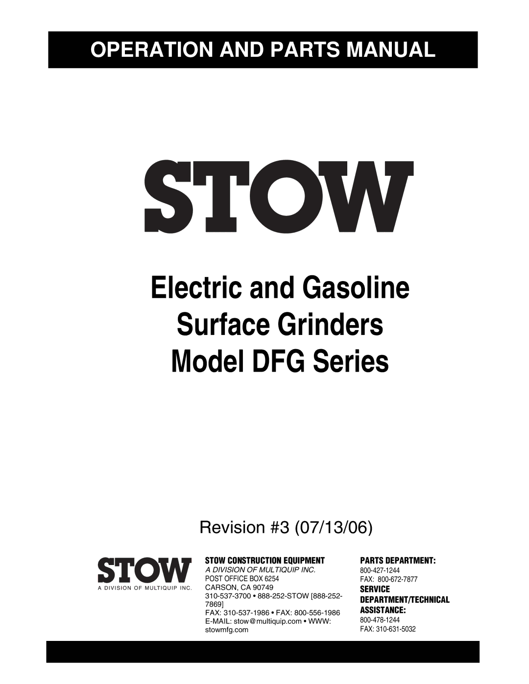 Stow DFG Series manual Electric Gasoline 