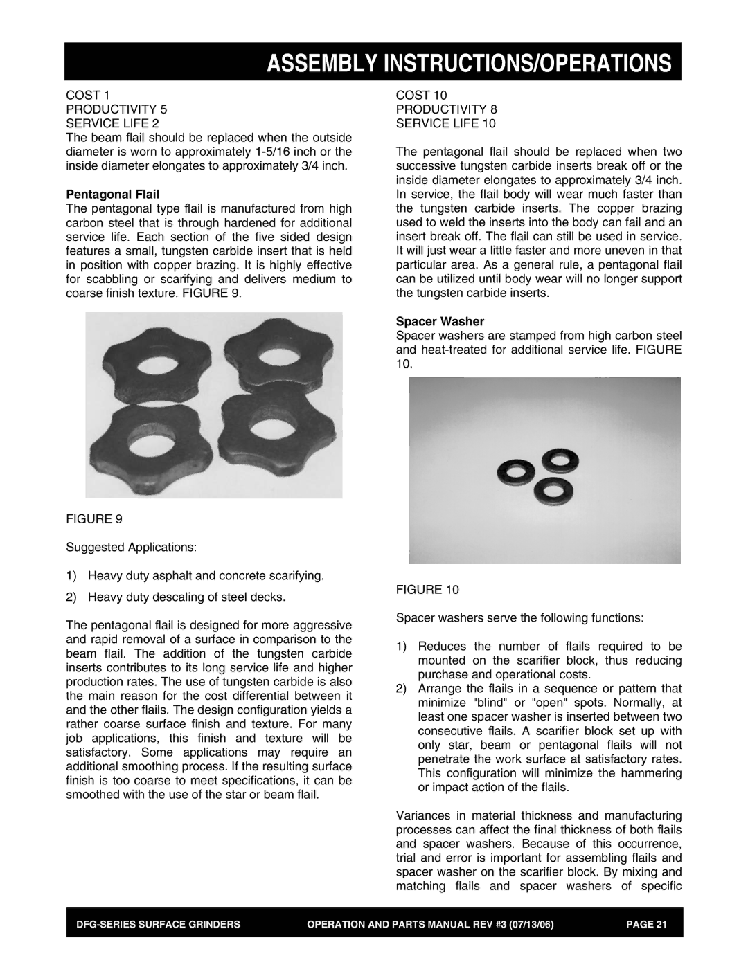 Stow DFG Series manual Cost 1 Productivity 5 Service Life, Pentagonal Flail, Cost Productivity Service Life, Spacer Washer 