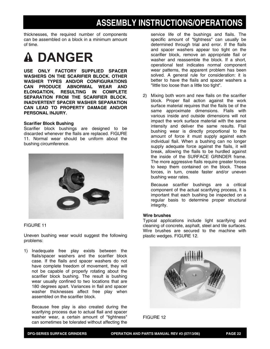 Stow DFG Series manual Scarifier Block Bushing, Wire brushes 