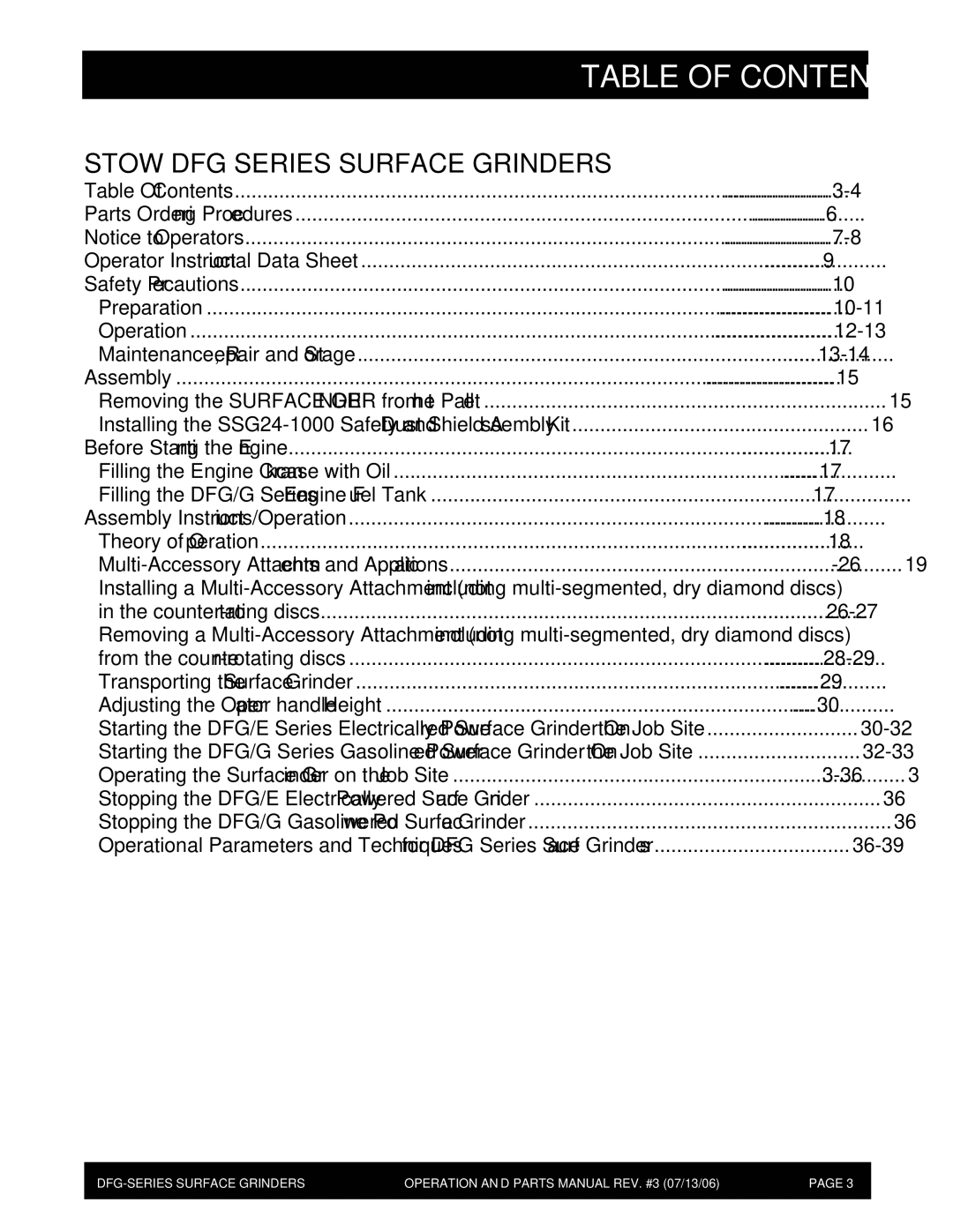 Stow DFG Series manual Table of Contents 