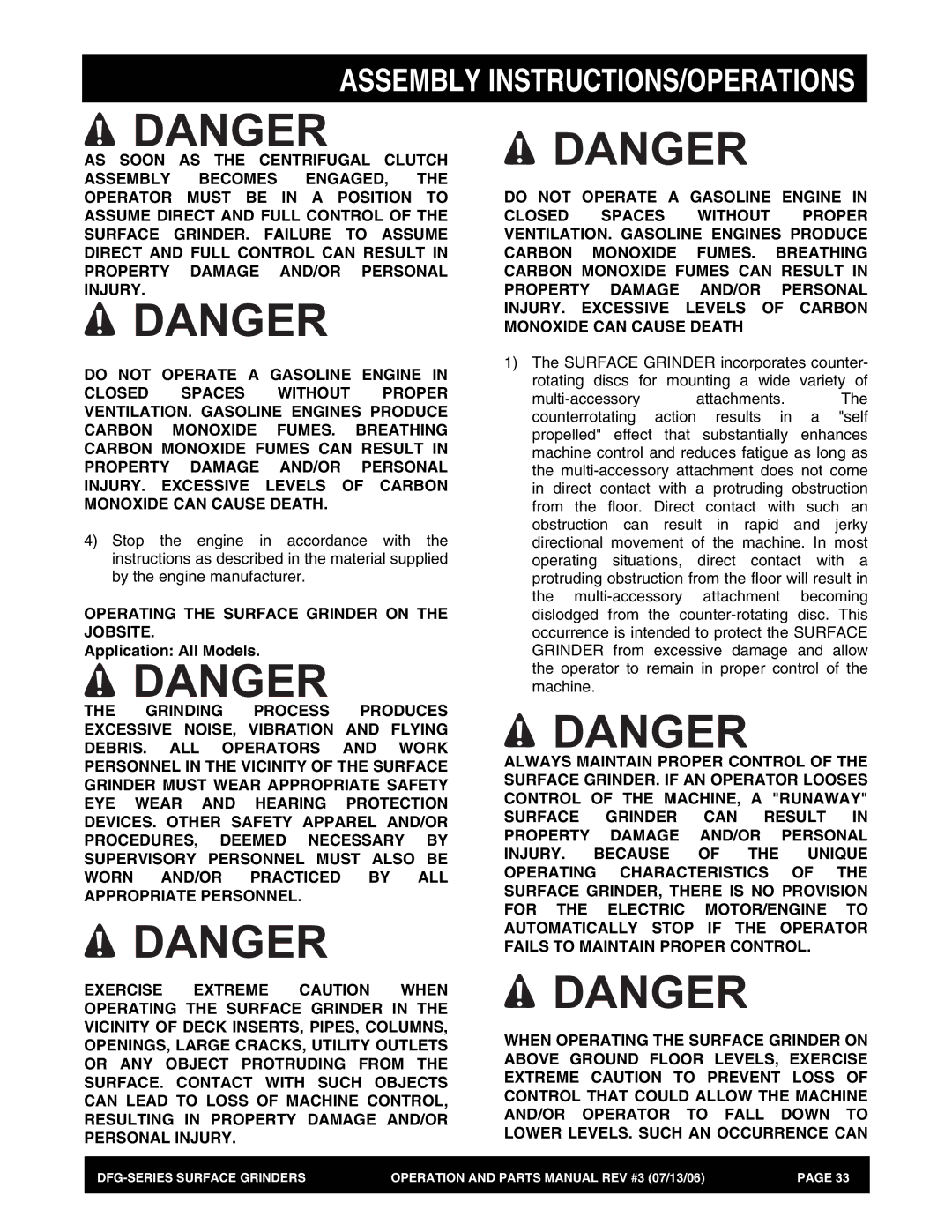 Stow DFG Series manual Operating the Surface Grinder on the Jobsite, Application All Models 