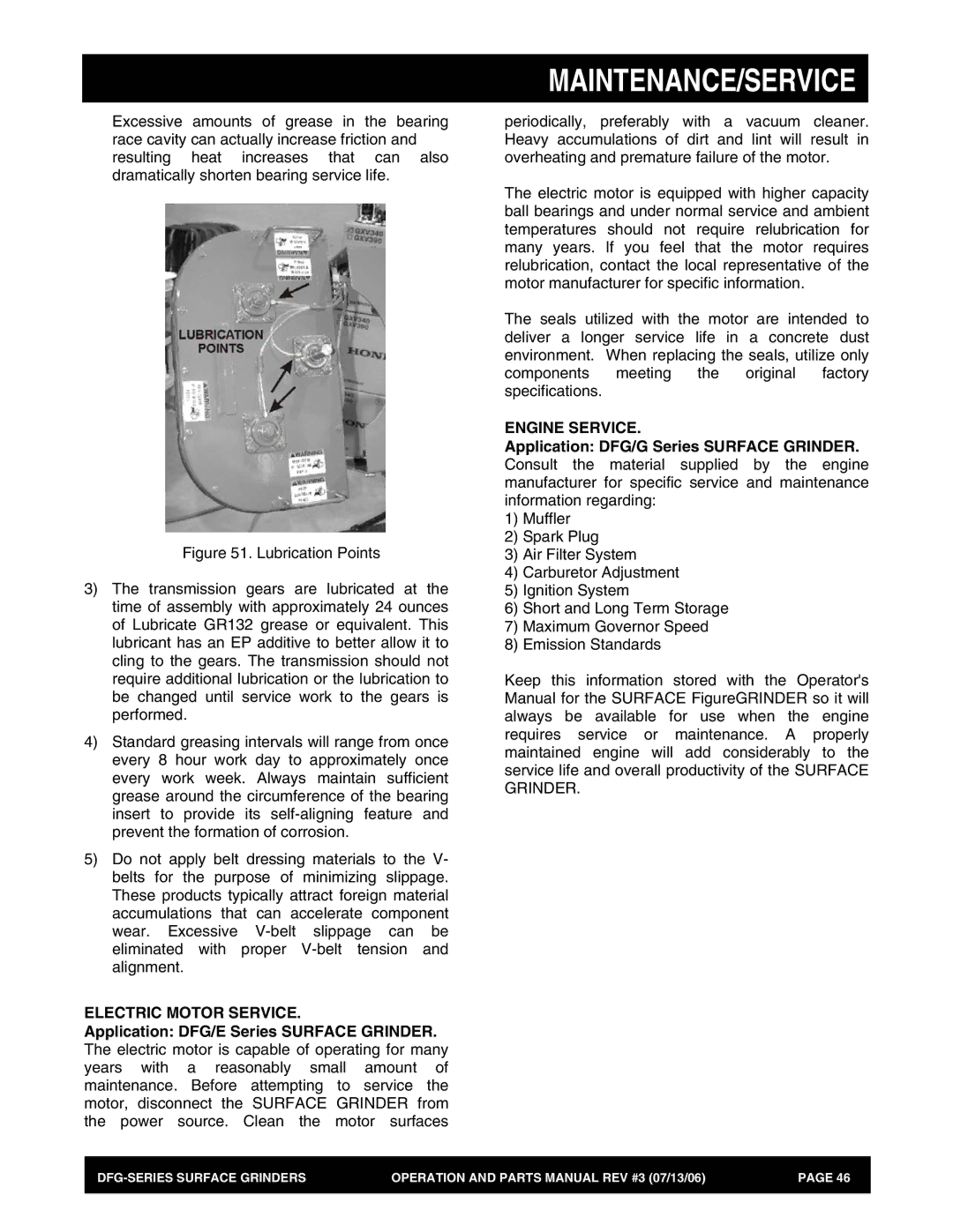 Stow DFG Series manual Electric Motor Service, Engine Service 