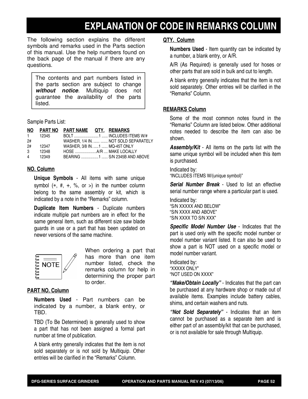 Stow DFG Series manual Part Name, Remarks, Xxxxx only Not Used on 