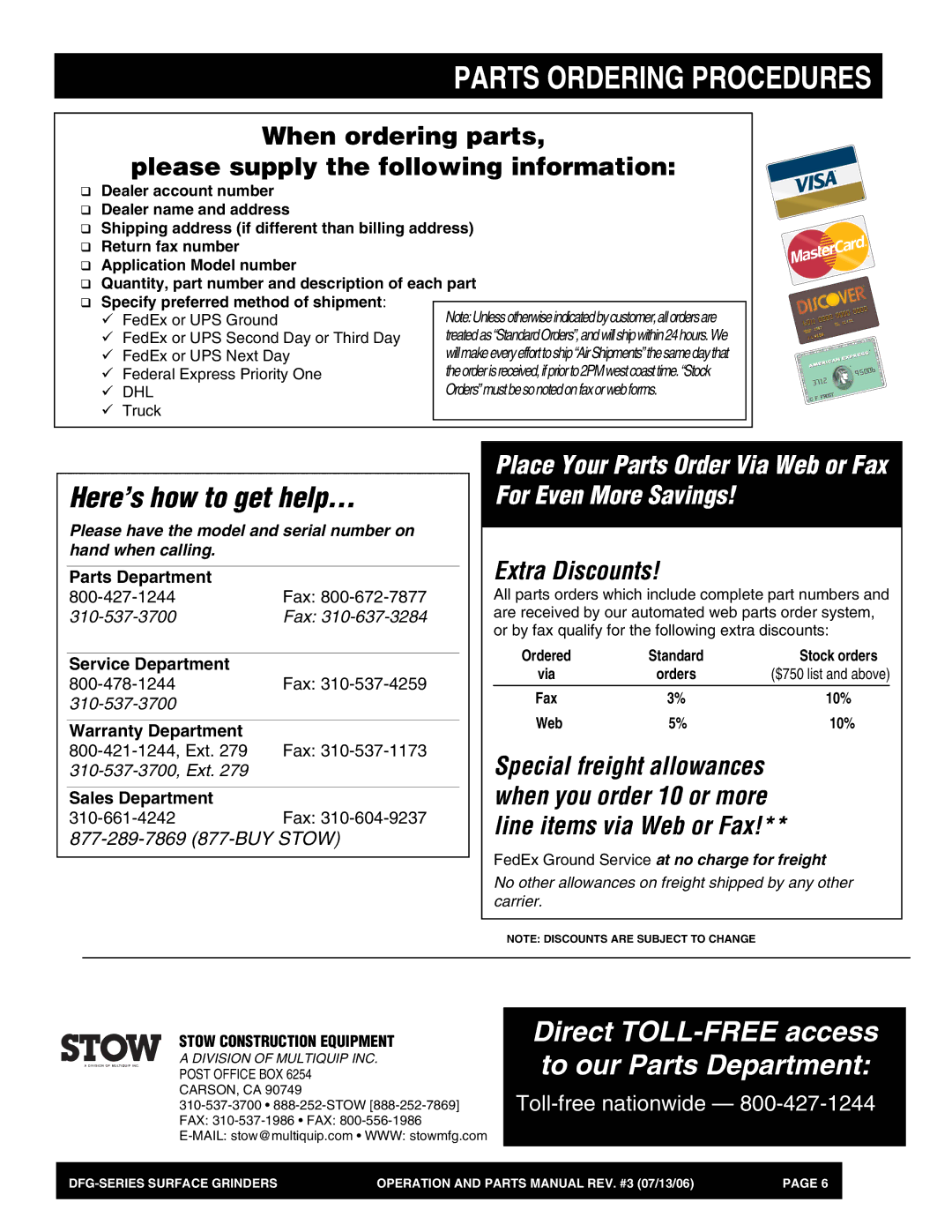 Stow DFG Series manual Parts Ordering Procedures, Here’s how to get help, Stow Construction Equipment 