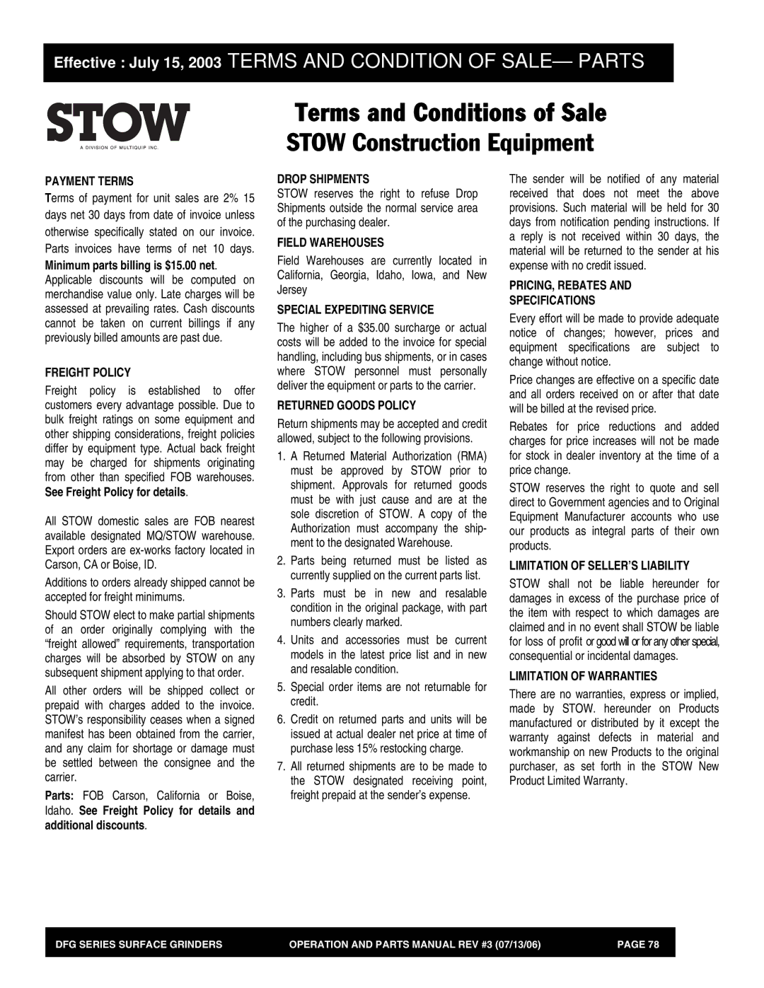 Stow DFG Series manual Payment Terms, Freight Policy, Drop Shipments, Field Warehouses, Special Expediting Service 