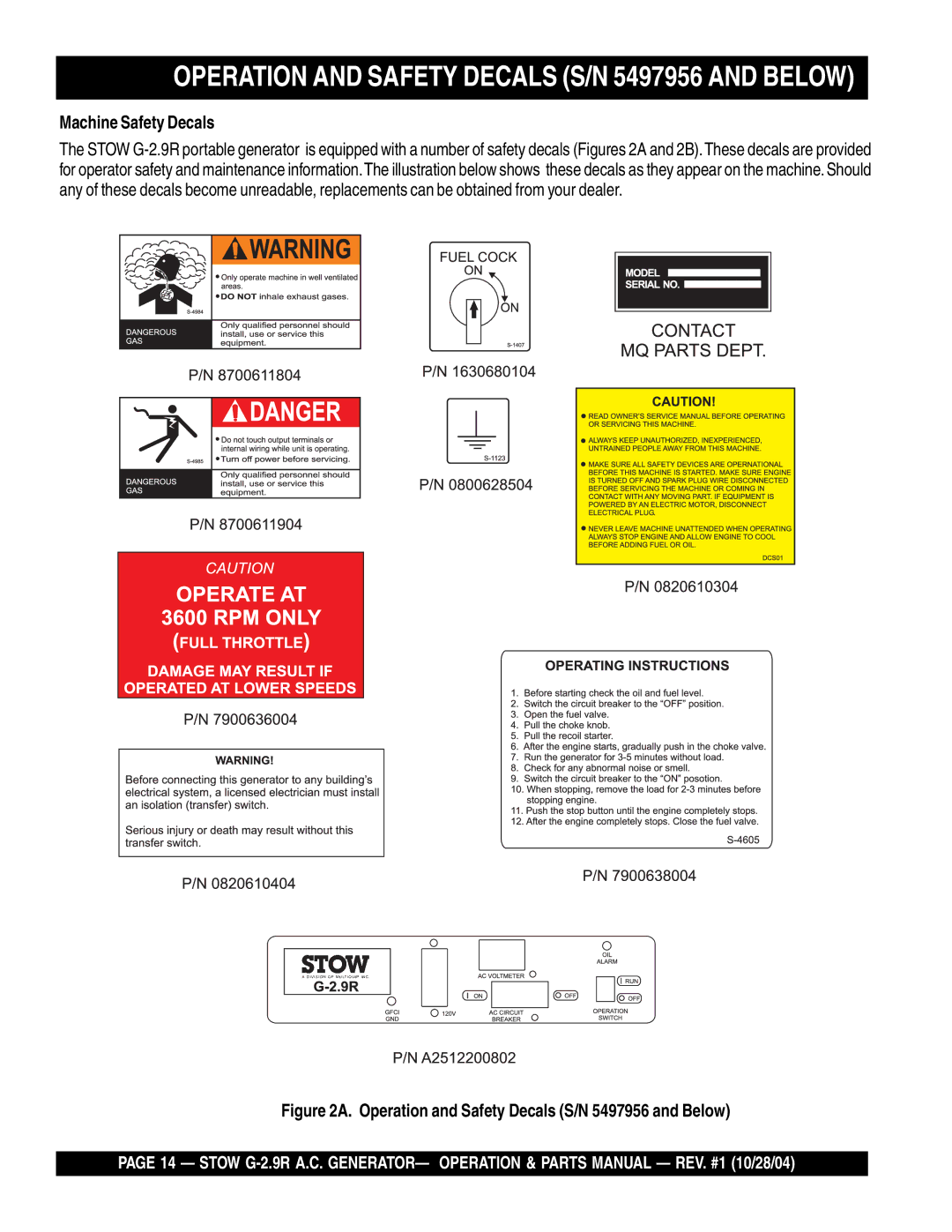 Stow G-2.9R manual Operation and Safety Decals S/N 5497956 and below, Machine Safety Decals 