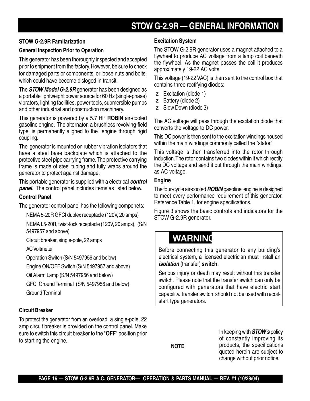 Stow manual Stow G-2.9R General Information, Stow G-2.9R Familarization, Control Panel, Excitation System, Engine 