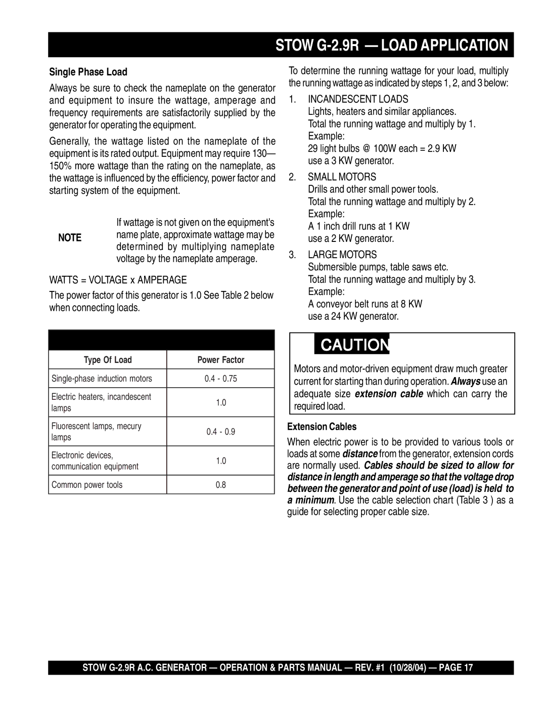 Stow manual Stow G-2.9R Load Application, Single Phase Load, Extension Cables 