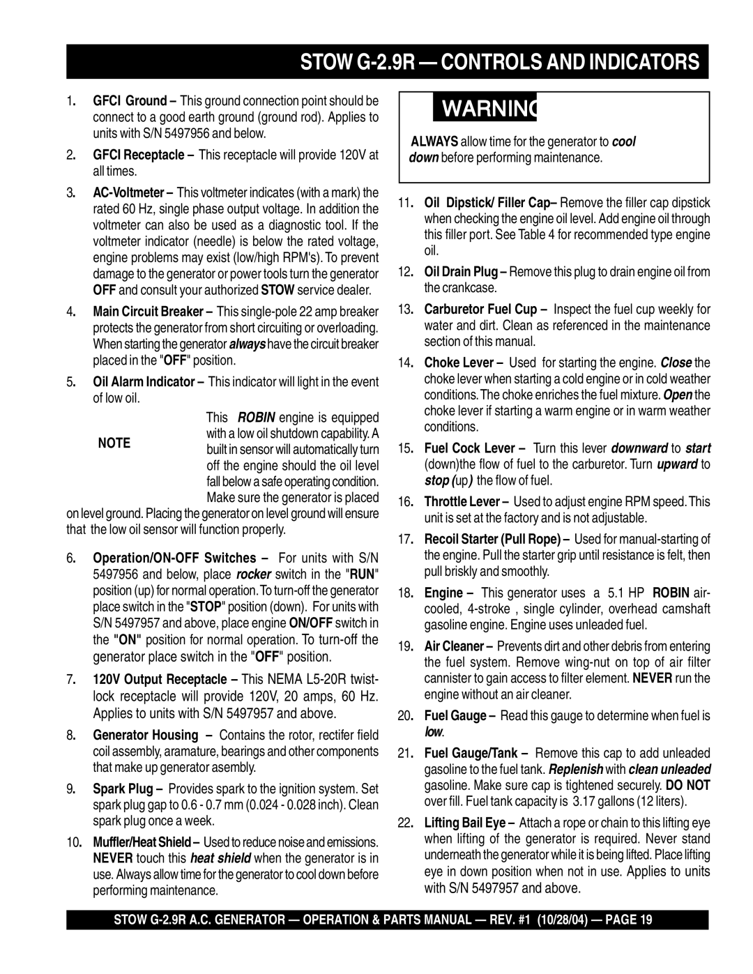 Stow manual Stow G-2.9R Controls and Indicators 