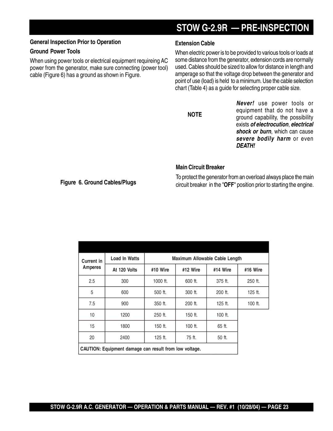 Stow manual Stow G-2.9R PRE-INSPECTION, General Inspection Prior to Operation Ground Power Tools, Extension Cable 