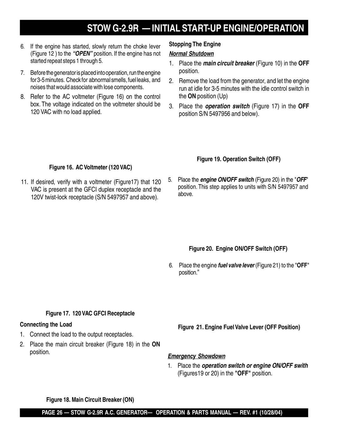 Stow manual Stow G-2.9R Initial START-UP ENGINE/OPERATION, Stopping The Engine, Connecting the Load 