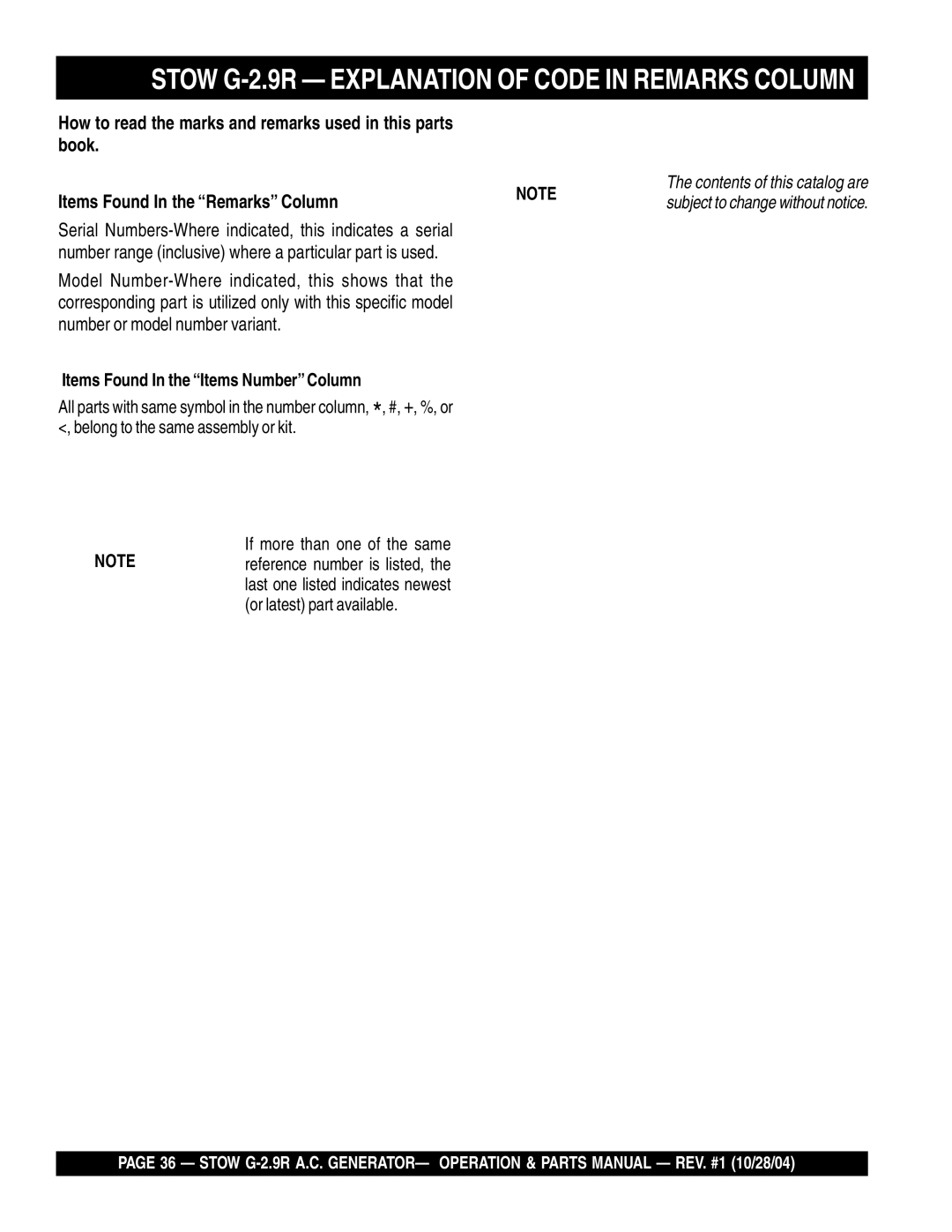 Stow manual Stow G-2.9R Explanation of Code in Remarks Column, How to read the marks and remarks used in this parts book 