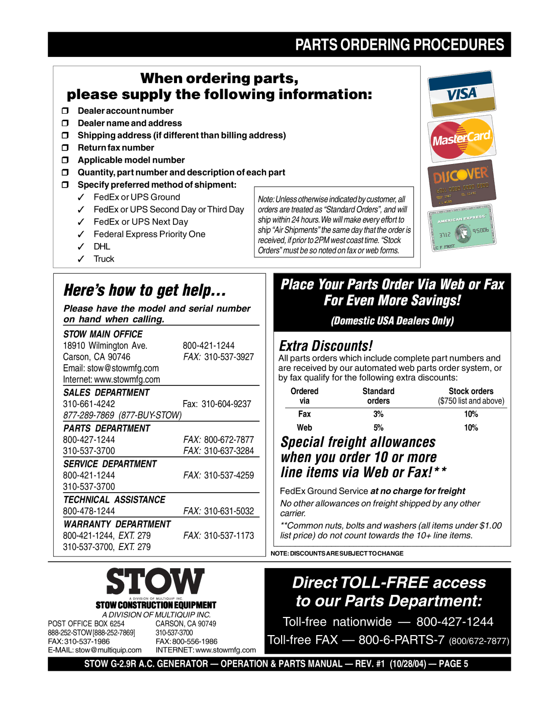 Stow G-2.9R manual Parts Ordering Procedures, When ordering parts Please supply the following information 