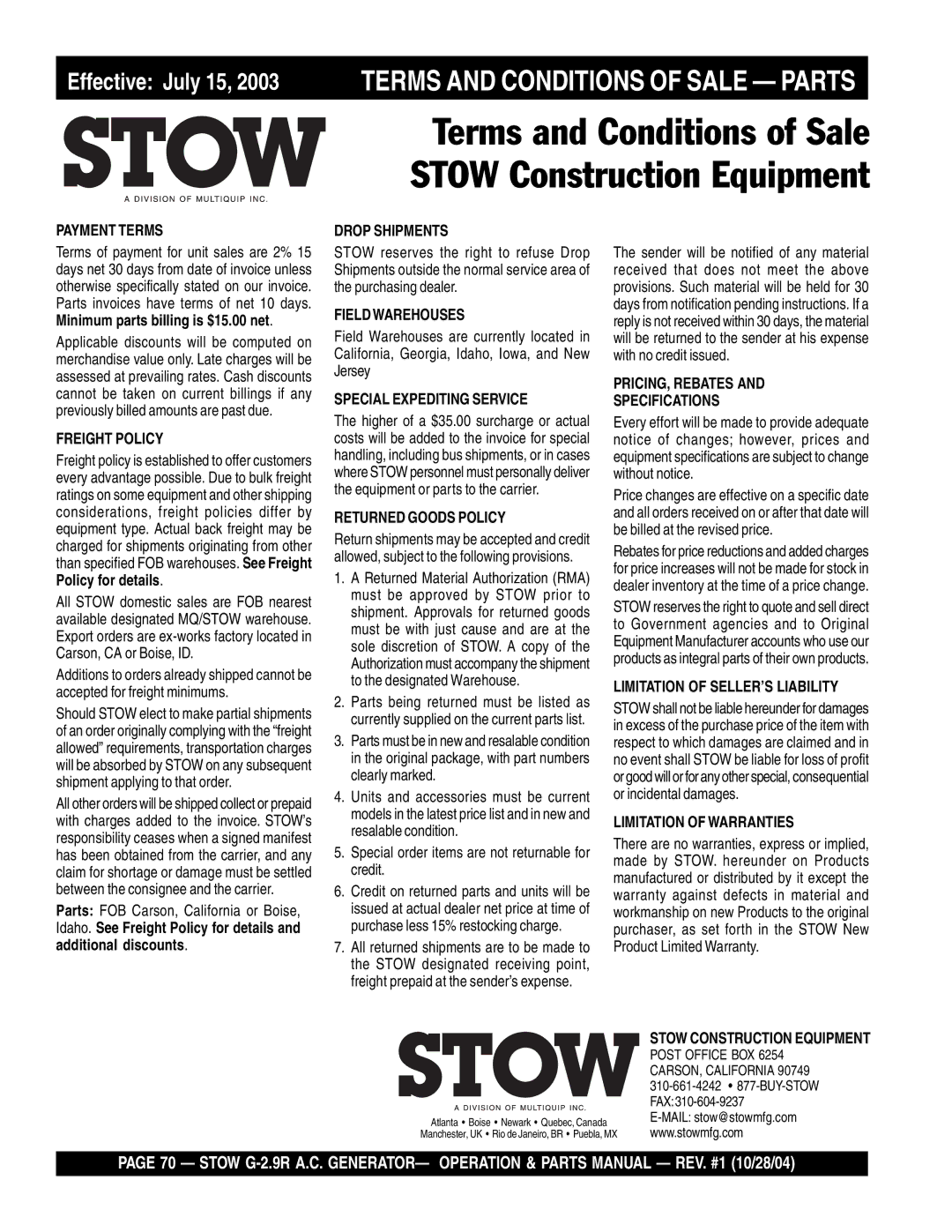 Stow G-2.9R manual Terms and Conditions of Sale Stow Construction Equipment, Terms and Conditions of Sale Parts 