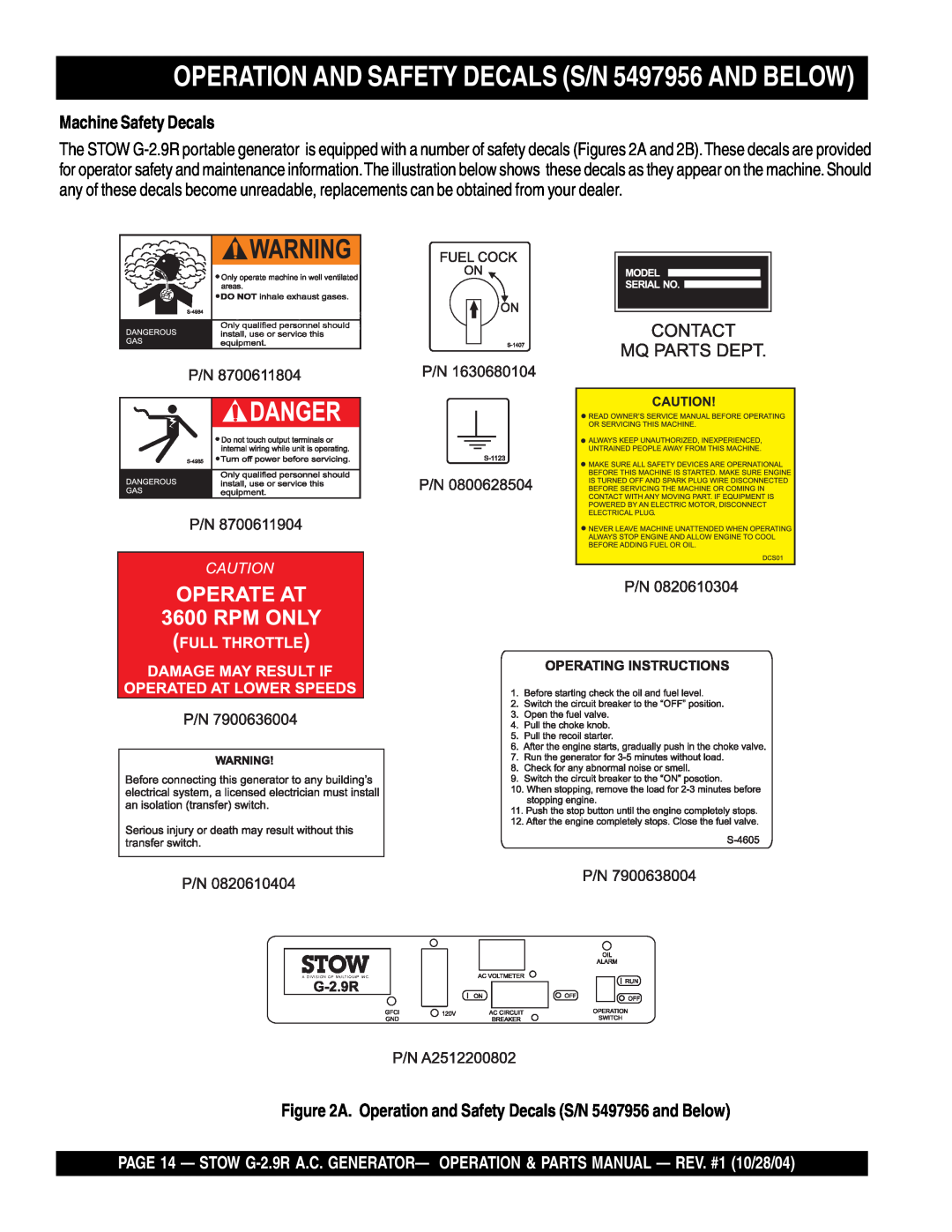 Stow G-2.9R manual OPERATION AND SAFETY DECALS S/N 5497956 AND BELOW, Machine Safety Decals 