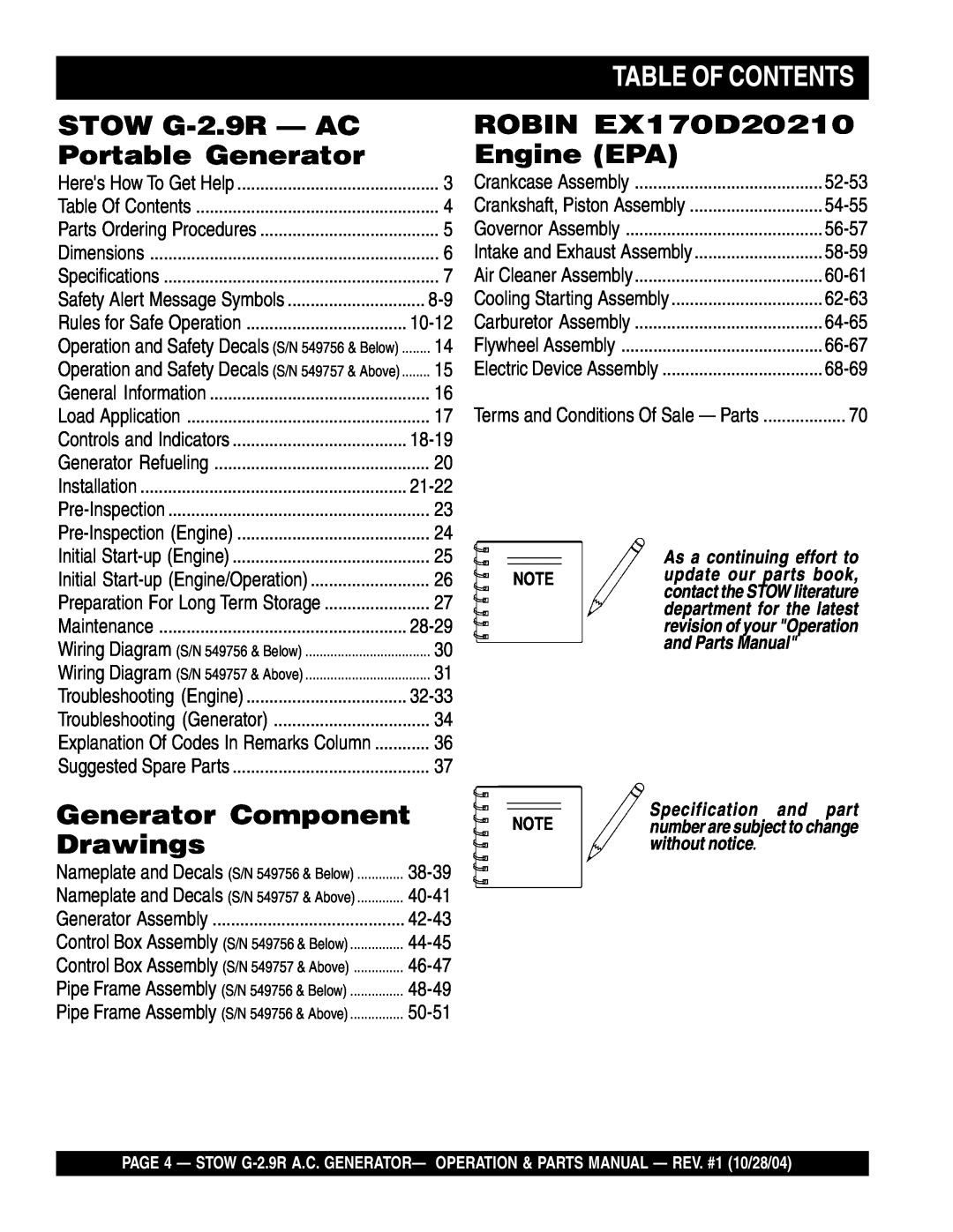 Stow manual Table Of Contents, As a continuing effort to, Specification and part, STOW G-2.9R - AC, Portable Generator 