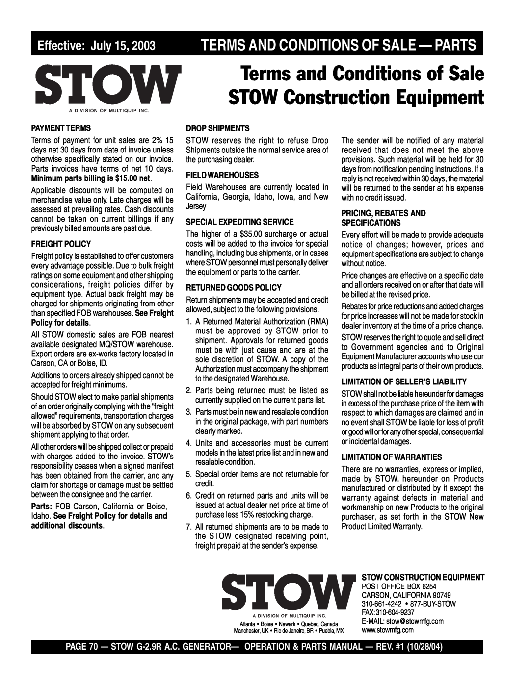 Stow G-2.9R manual Terms And Conditions Of Sale - Parts, Effective July 15 