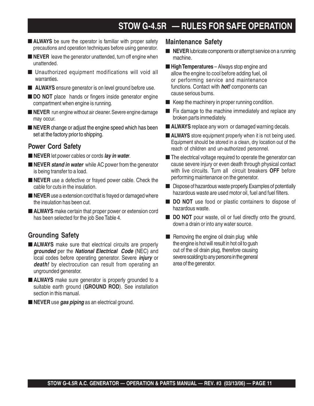 Stow manual Stow G-4.5R Rules for Safe Operation, Power Cord Safety 