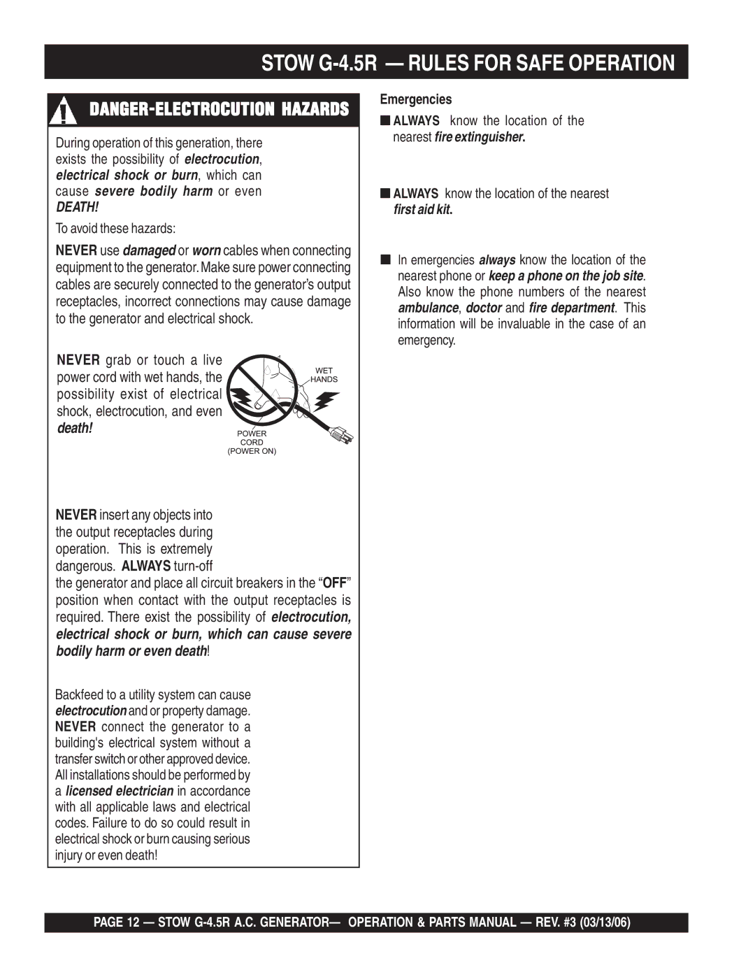 Stow G-4.5R manual Death, Emergencies 