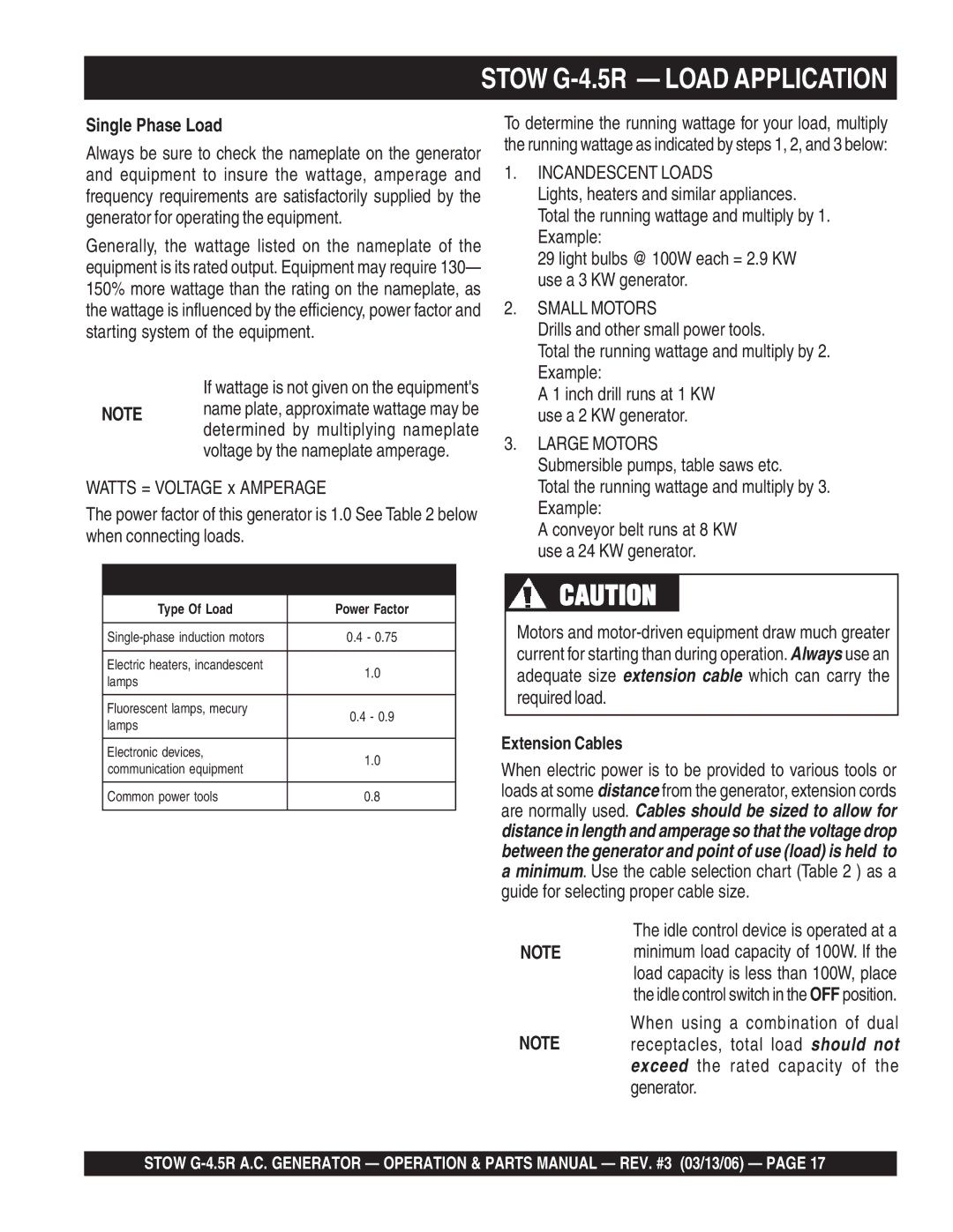 Stow manual Stow G-4.5R Load Application, Single Phase Load, Incandescent Loads, Small Motors, Large Motors 