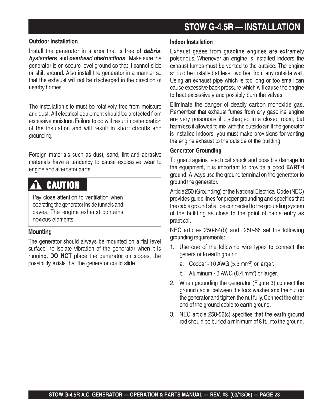 Stow manual Stow G-4.5R Installation, Outdoor Installation, Mounting, Indoor Installation, Generator Grounding 