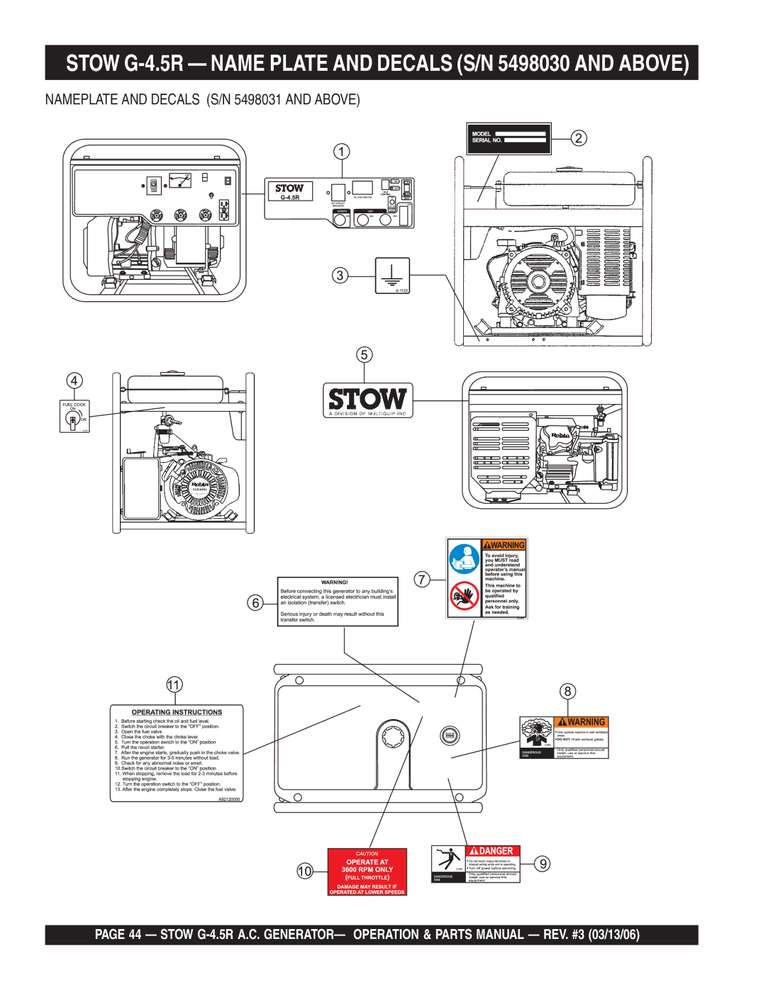 Stow manual Stow G-4.5R Name Plate and Decals S/N 5498030 and Above, Nameplate and Decals S/N 5498031 and Above 