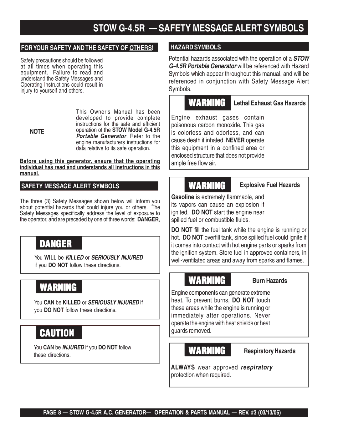 Stow manual Stow G-4.5R Safety Message Alert Symbols, Burn Hazards, Respiratory Hazards 