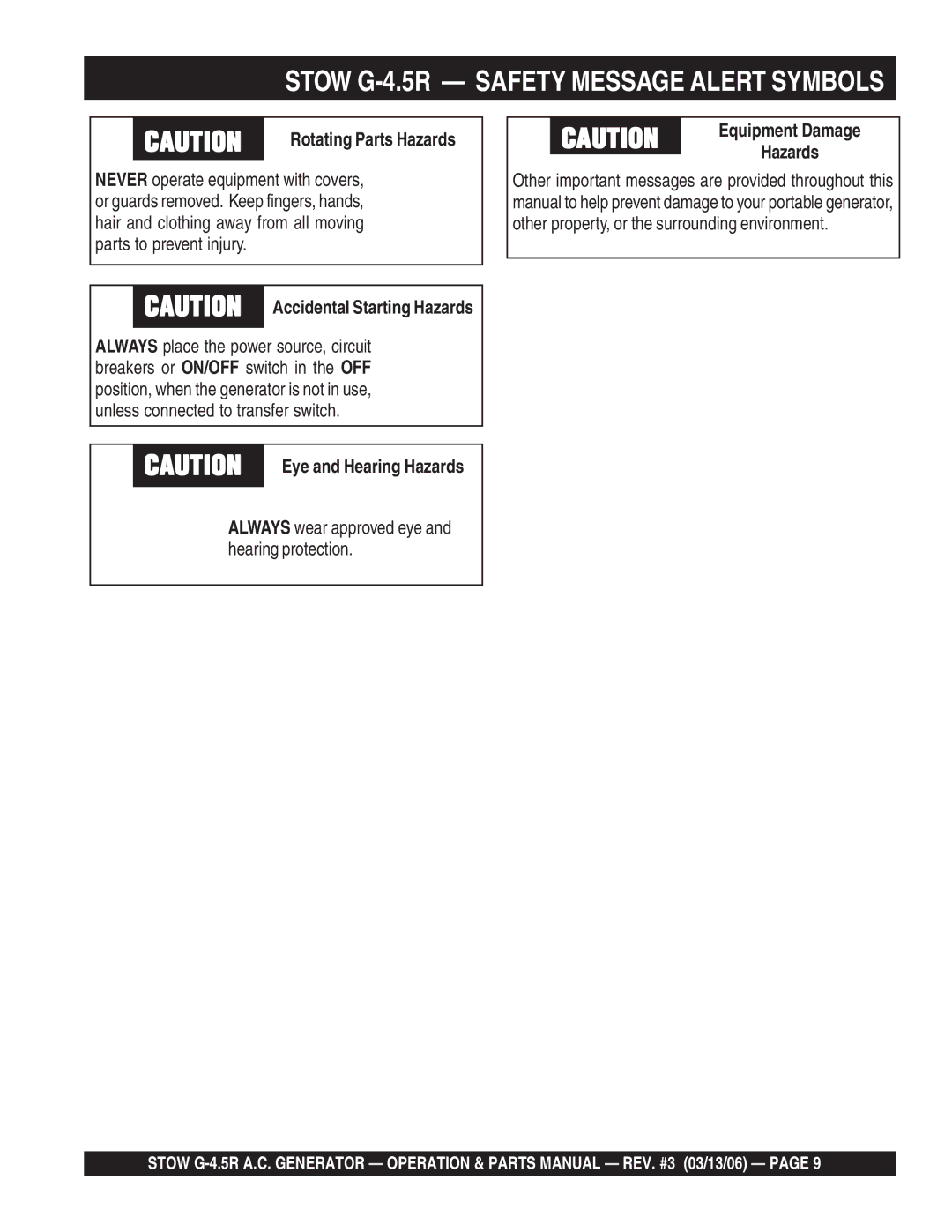 Stow G-4.5R manual Equipment Damage, Rotating Parts Hazards 