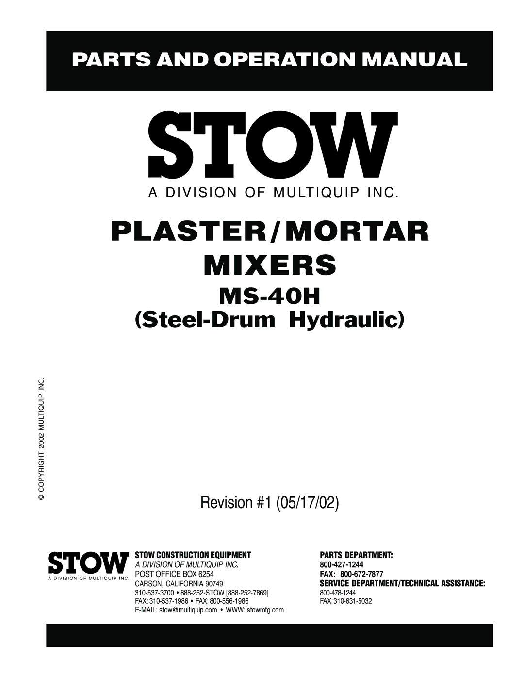 Stow MS-40H operation manual Plaster / Mortar Mixers 