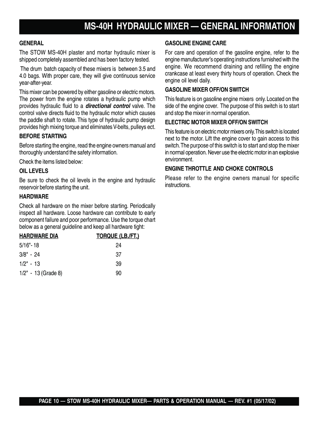 Stow operation manual MS-40H Hydraulic Mixer General Information 