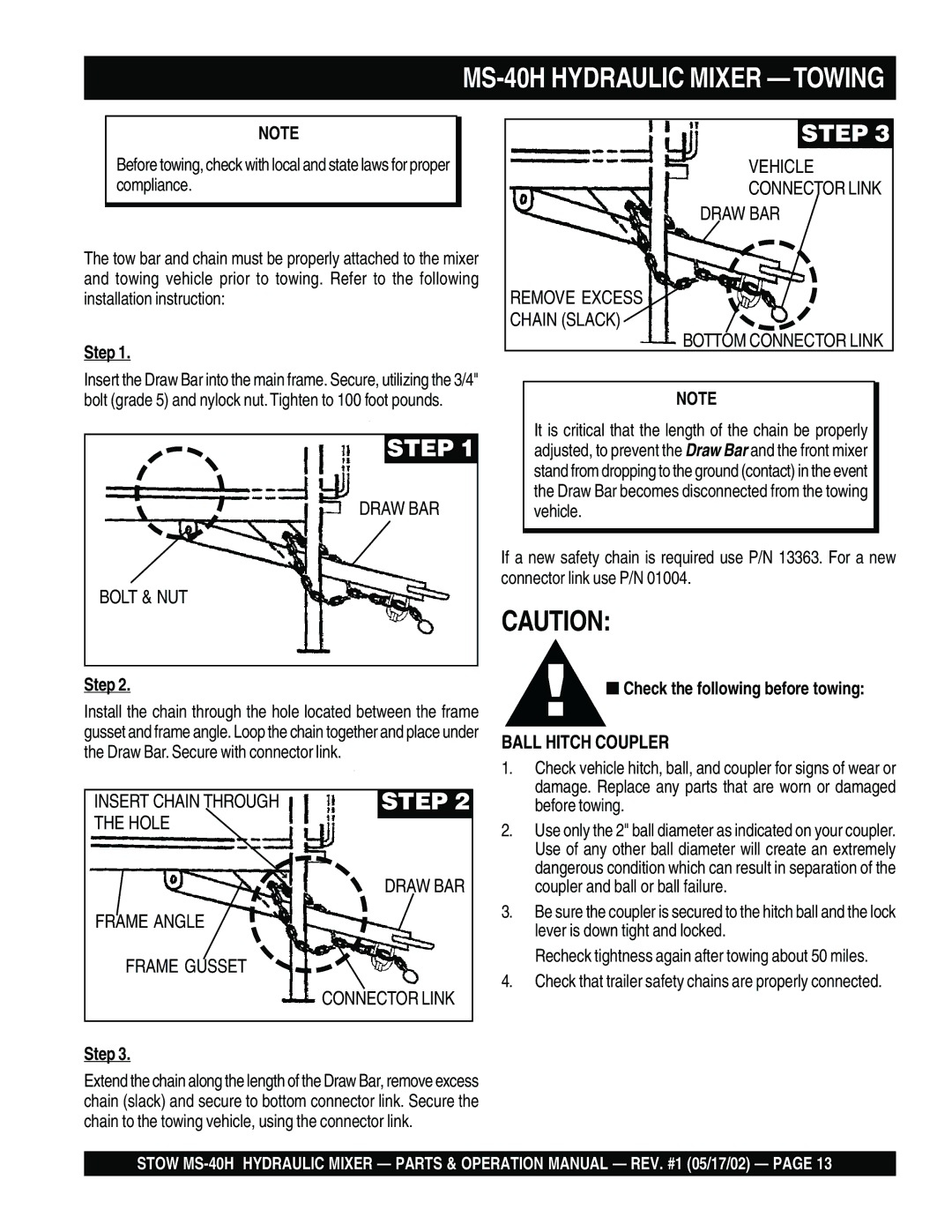 Stow operation manual MS-40H Hydraulic Mixer Towing, Step, Check the following before towing 