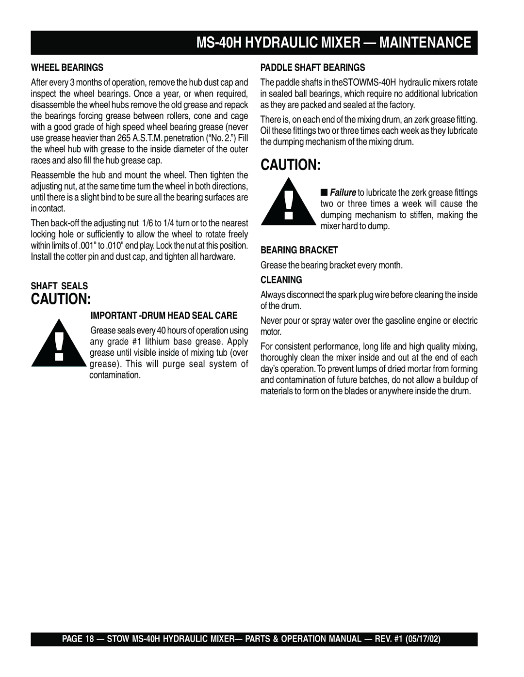 Stow operation manual MS-40H Hydraulic Mixer Maintenance 