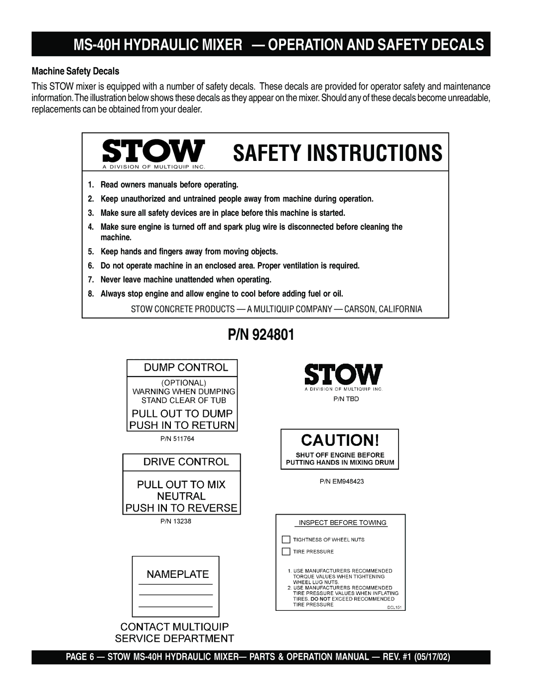 Stow operation manual MS-40H Hydraulic Mixer Operation and Safety Decals, Machine Safety Decals 