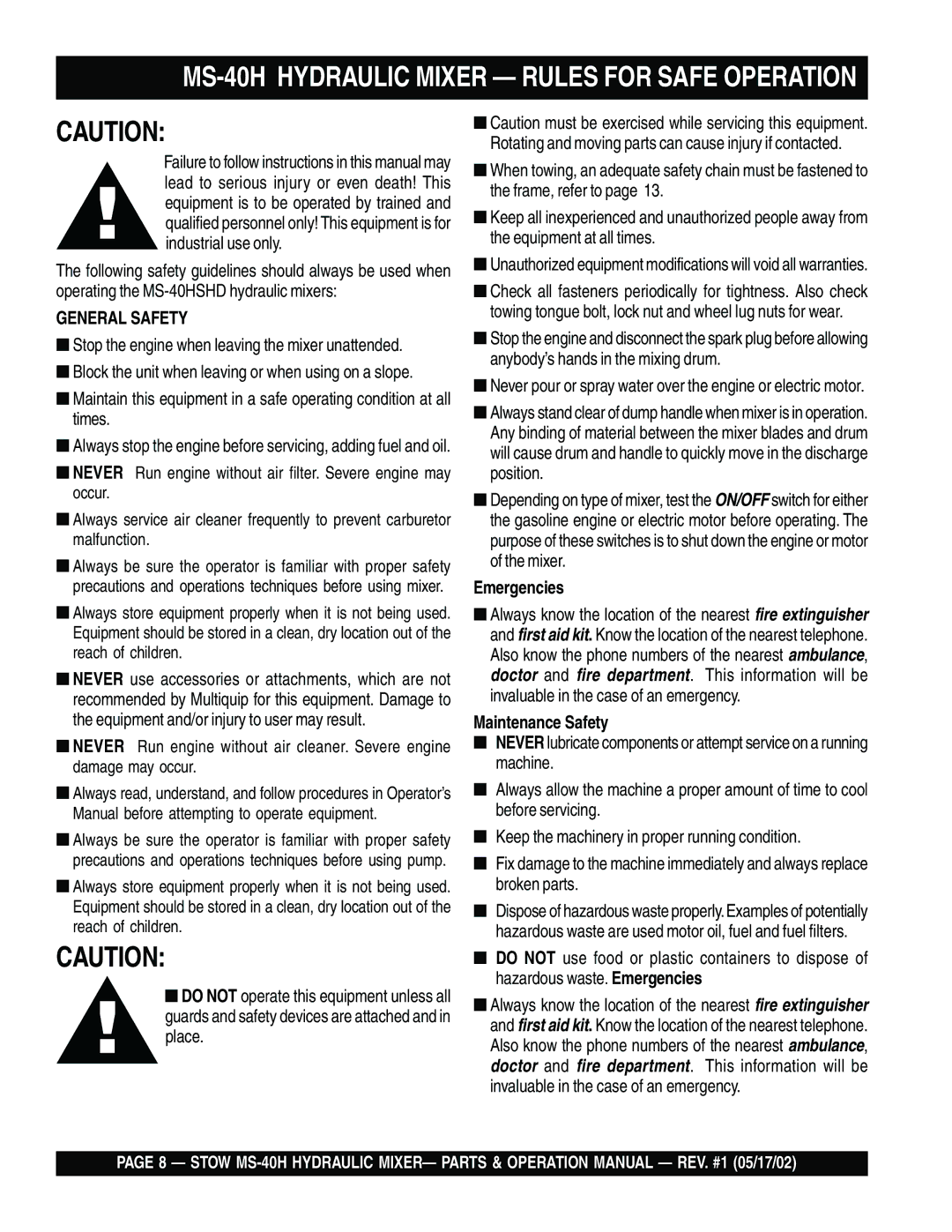 Stow operation manual MS-40H Hydraulic Mixer Rules for Safe Operation, Emergencies, Maintenance Safety 