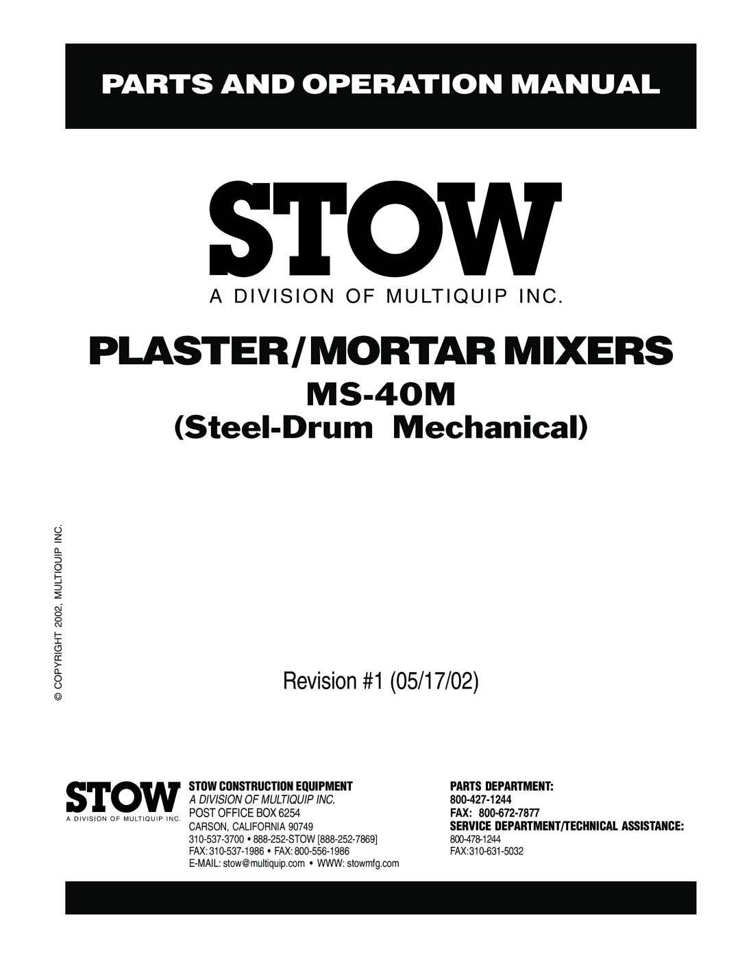 Stow MS-40M operation manual PLASTER/MORTAR Mixers 