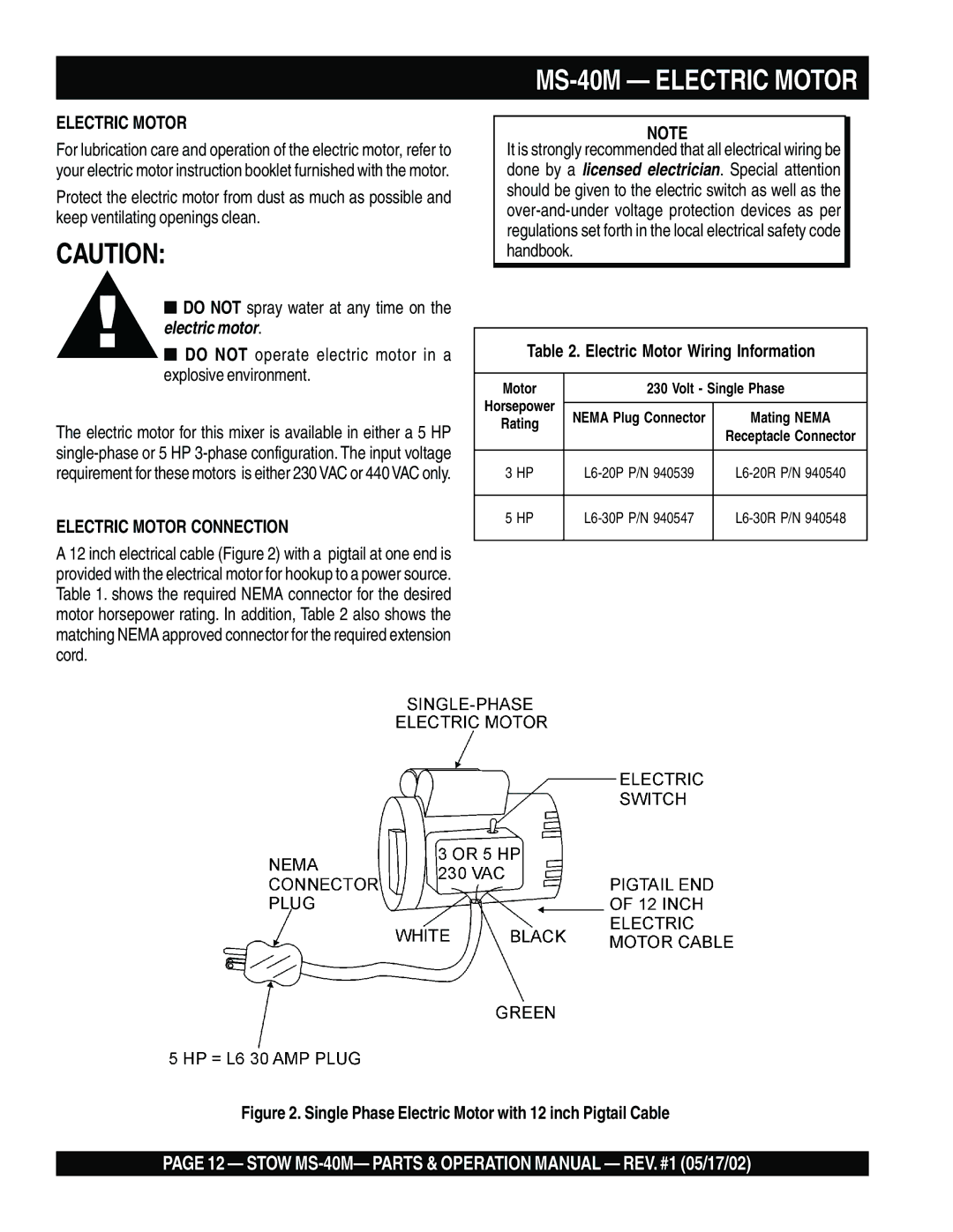 Stow operation manual MS-40M Electric Motor, Electric Motor Connection, Electric Motor Wiring Information 