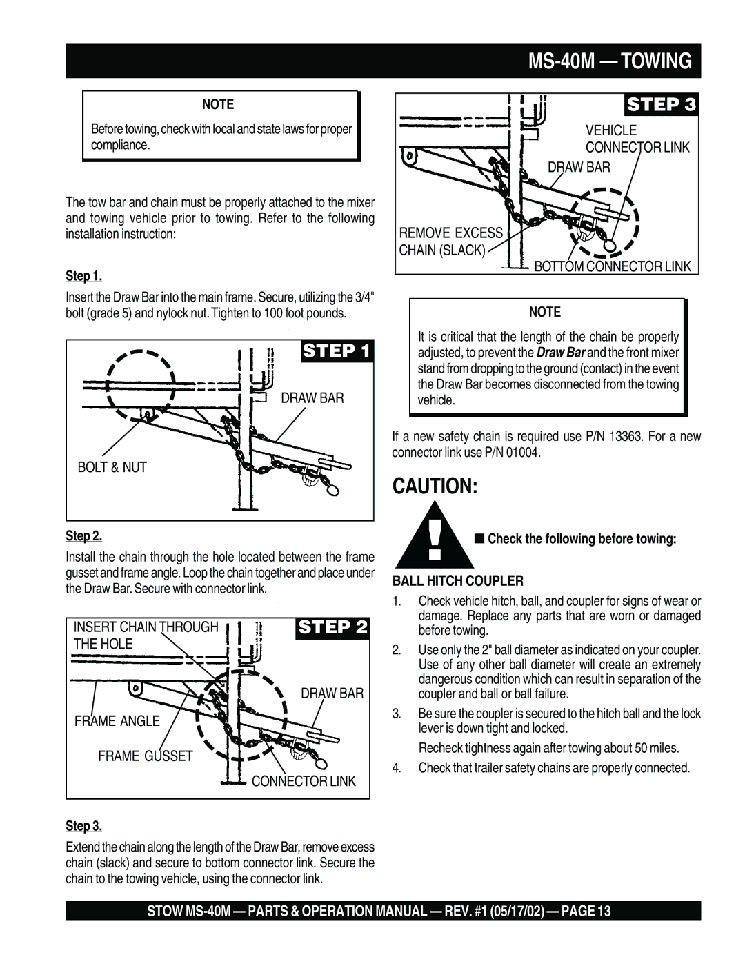 Stow operation manual MS-40M Towing, Step, Check the following before towing 