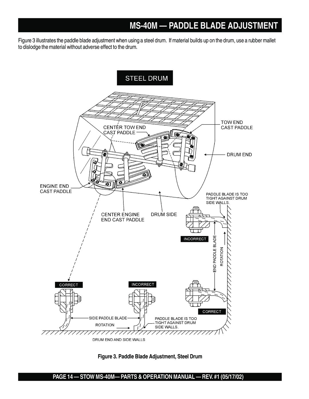 Stow operation manual MS-40M Paddle Blade Adjustment, Paddle Blade Adjustment, Steel Drum 