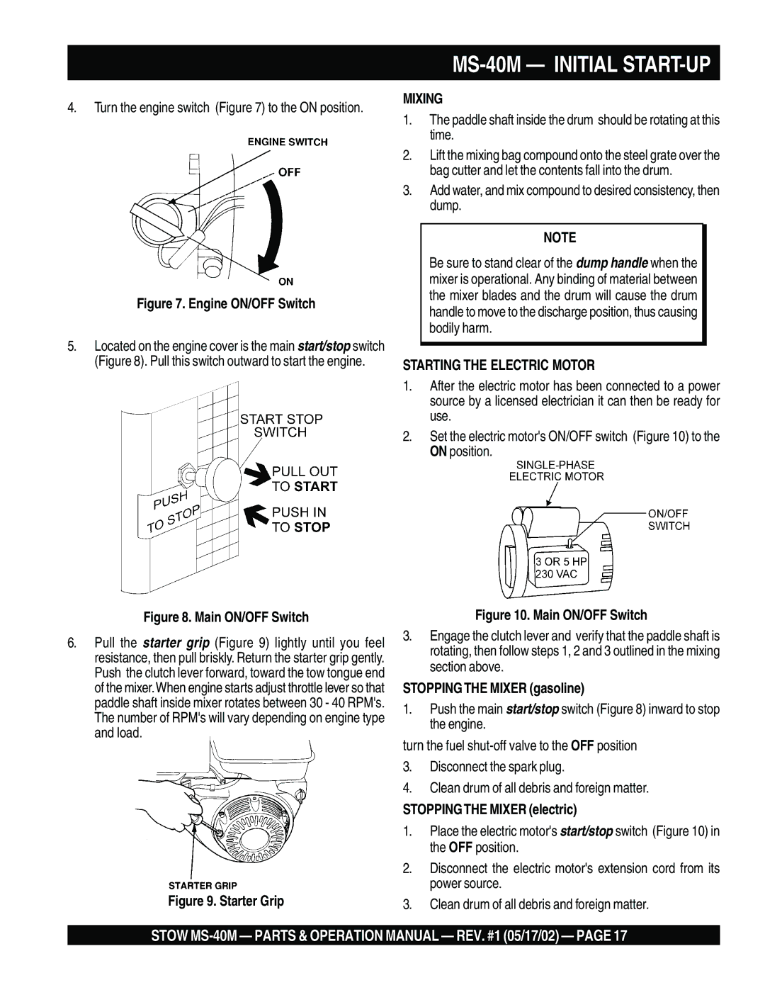 Stow operation manual MS-40M Initial START-UP, Mixing, Starting the Electric Motor, Stopping the Mixer gasoline 