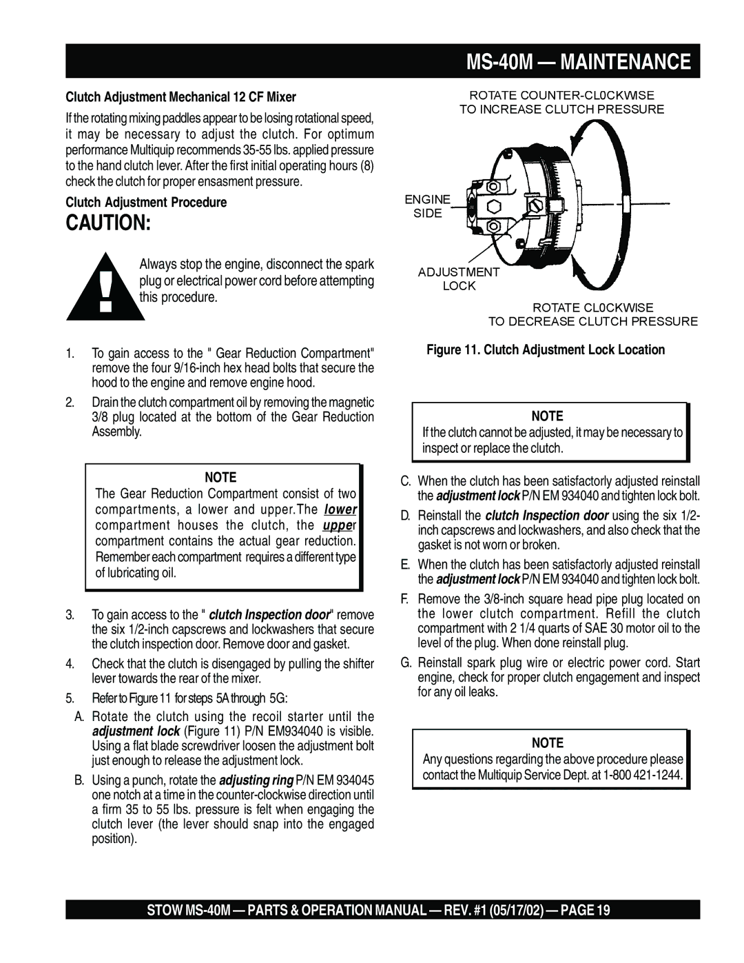 Stow operation manual MS-40M Maintenance, Clutch Adjustment Mechanical 12 CF Mixer, Clutch Adjustment Procedure 